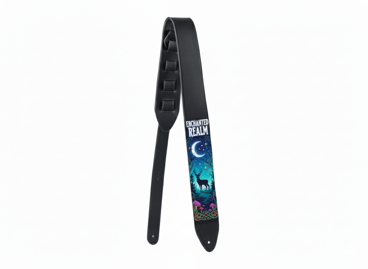 A black leather strap with fiery skull designs