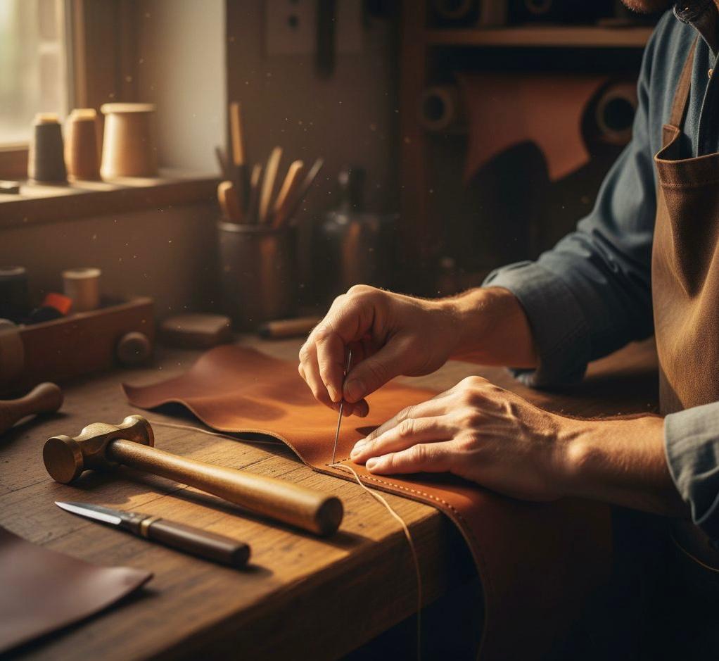 Crafting leather by hand in workshop
